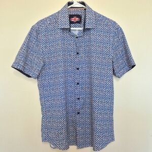 Soul of London Men’s Short Sleeve Blue Geometric Button-Down Shirt – Size M